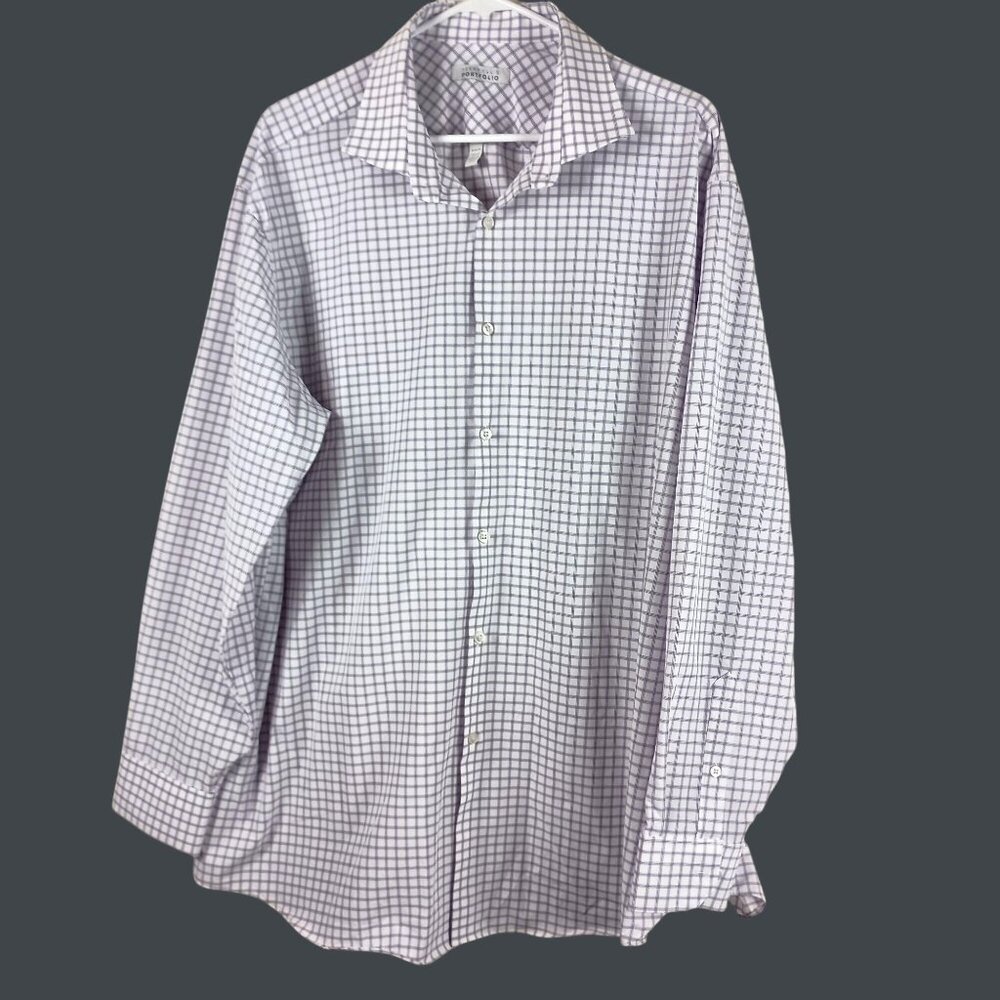 Perry Ellis Portfolio Check Dress Shirt Mens 18 34/35 Purple Professional Preppy